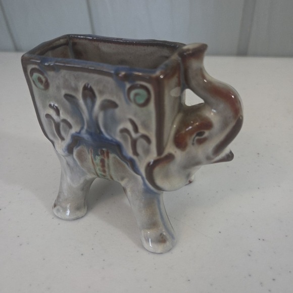 Vintage Glazed Ceramic Elephant Succulent Air Plant Planter Numbered Blue Brown - Picture 3 of 11